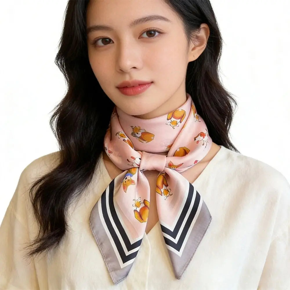 Cute 70x70cm Women Square Scarf Soft Silk Satin Cartoon Dog Print Shawl Hijab Fashion Accessory Oasis Select
