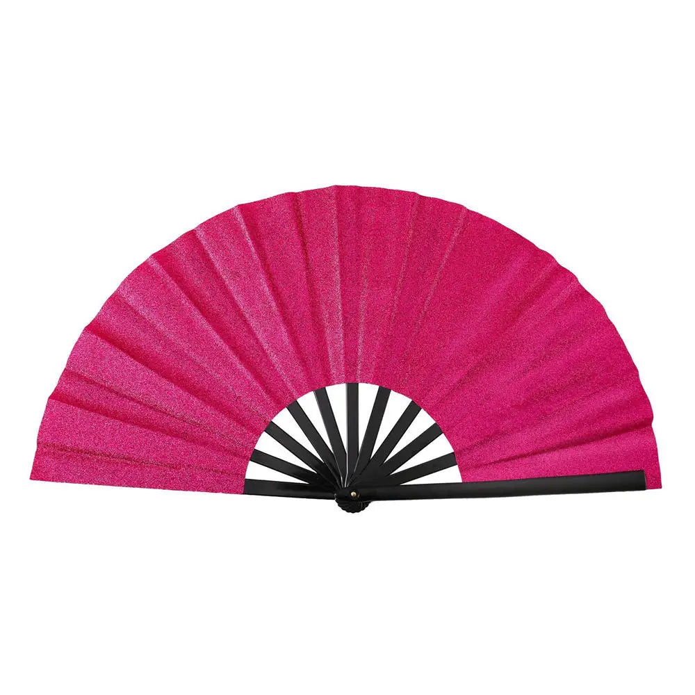 New Foldable Bamboo Fan 33cm Lightweight Holding Laser Colors Hand Fan Portable PVC Clack Clapping Fans for Line Dancing Oasis Select Rose red