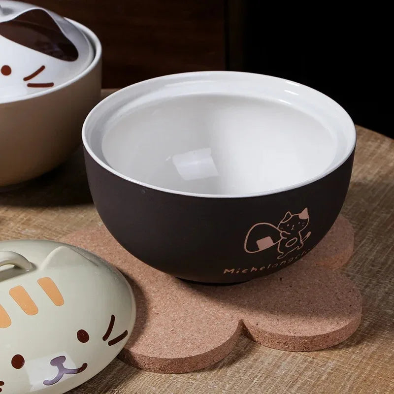 1pcs Japanese Tableware Cute Cat Ceramic Bowl Large Capacity Household Soup Bowl Student Instant Noodle Bowl with Lid Oasis Select