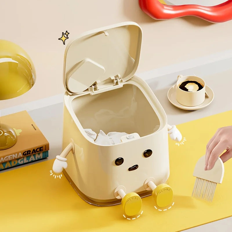 1 pc Cute Push-On Mini Trash Can with Brush, Compact Desktop Trash Can, Storage and Cleaning Function 2 in 1 Oasis Select