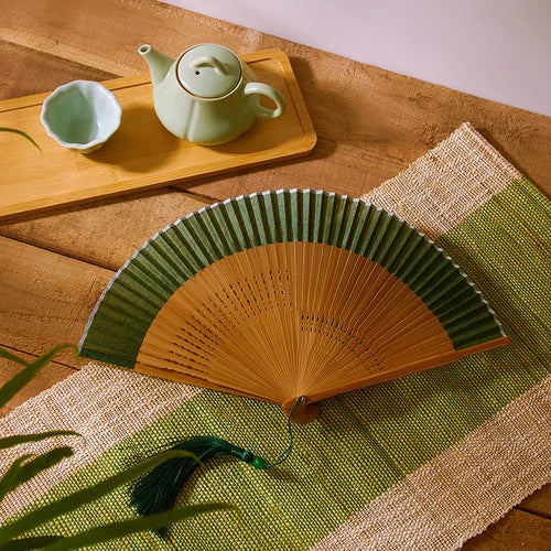 21cm Chinese style retro style green series Cherry Blossom gradient folding fan daily portable dance cheongsam fan Oasis Select 10