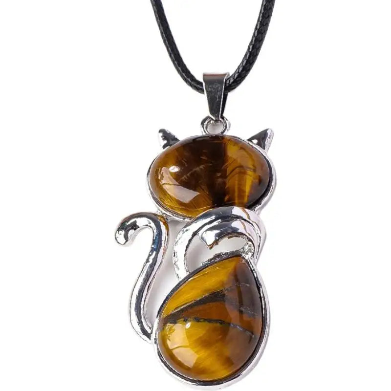 Natural Stone Cat Pendant – Amethyst, Tiger Eye & Crystal