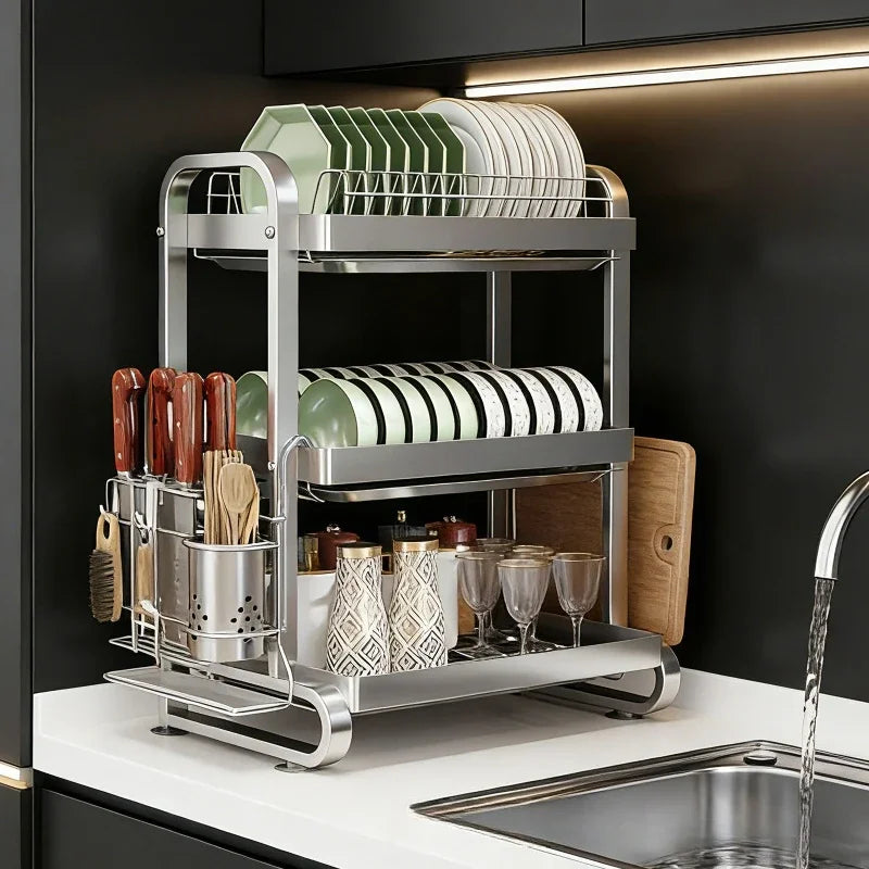 Stainless steel dish storage rack Drain rack Multi-layer kitchen rack Thickened square tube Multifunctional bowl and chopstick Oasis Select