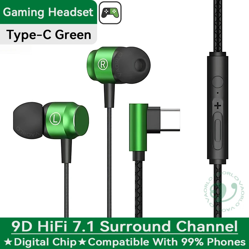 Digital Chip Wired Earphone 3.5mm AUX/Type C 9D HIFI Heavy Bass In-Ear Game Headsets For Samsung Huawei Xiaomi OPPO iPad PC MP3 Oasis Select Type-C Green