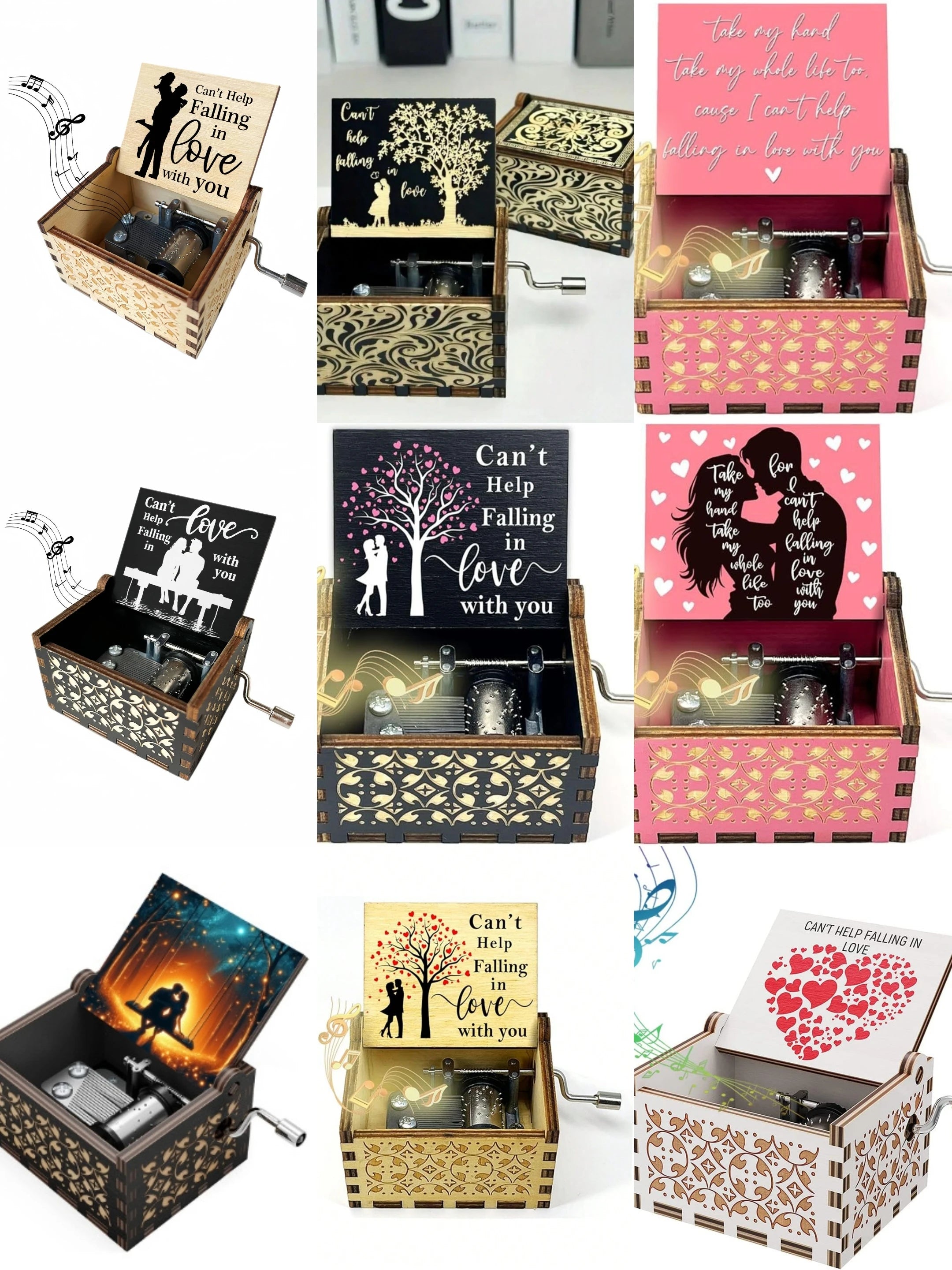 Wooden hand cranked music box falls in love, UV painted music box gives nostalgic handmade gift Oasis Select
