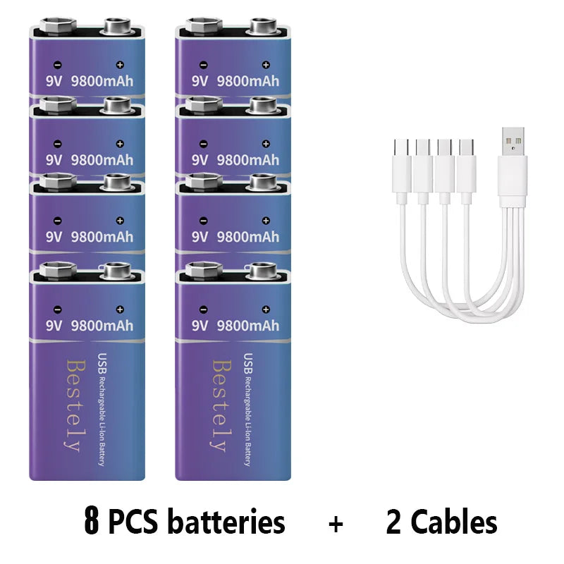 9V Rechargeable Li-ion Battery 9800mAh PP3 6F22 6LR61 006P USB Charging For Smoke Detector Alarm Microphone Toy Oasis Select 8 PCS Batteries