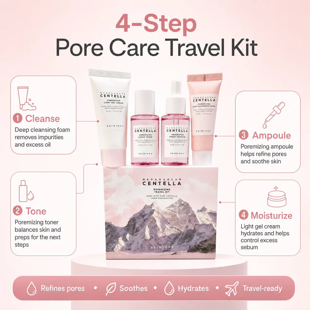 Centella Hyalu-Cica and Poremizing Travel Kit,Toner, Ampoule Serum,Face Moisturizer Cream and Night Sleeping Pack Mini 4pcs Set Oasis Select