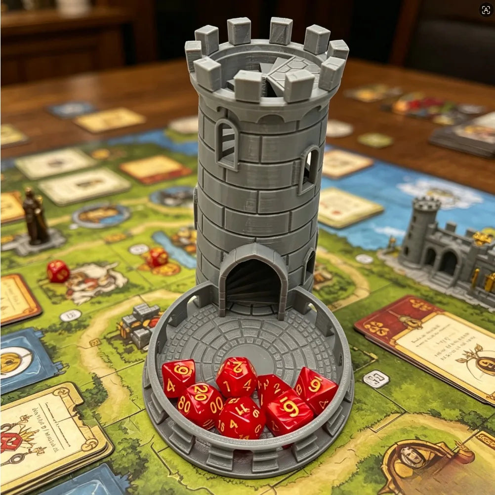 3D Printed Medieval Fort Castle Dice Tower Spiral Staircase Roller Tray for DND RPG MTG Tabletop Role‑Playing Game Accessory Oasis Select