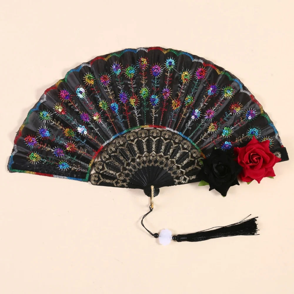 Sequin Embroidered Rose Lace Folding Fan with Tassel - Vintage European Handheld Fan for Cosplay Halloween Party Supplies Oasis Select
