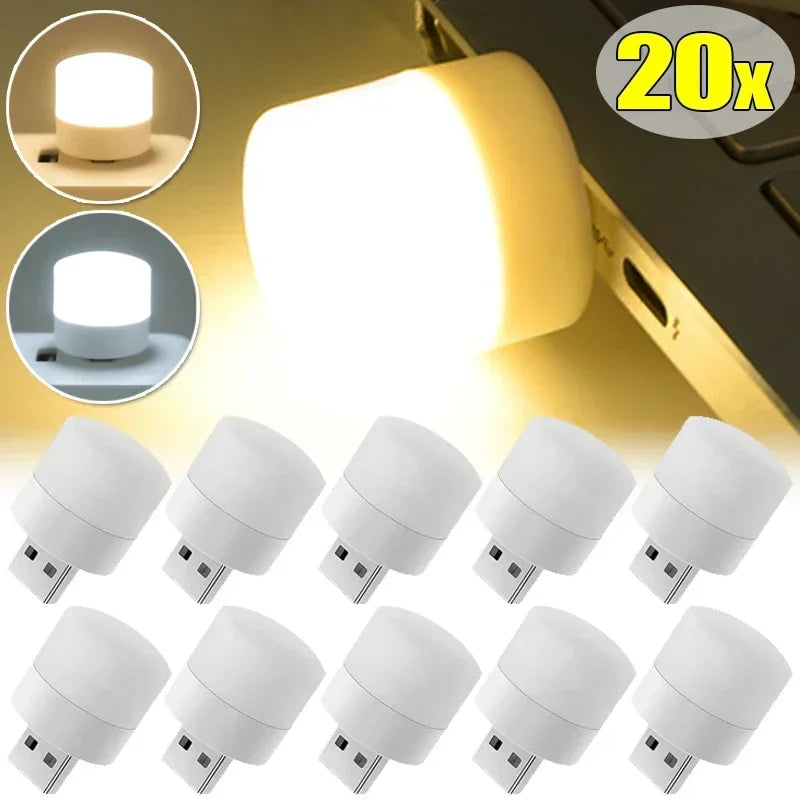 1-20PCS Mini USB LED Light Portable Plug Lamps Eye Protection Book Reading Light Small Round Car Bulb Computer Mobile Power Lamp Oasis Select