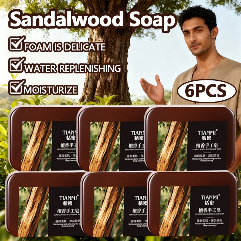 6PCS Men's Sandalwood Handmade Soap, three-in-one, Cleansing Soap cleanses face, hair, bathes the whole body, moisturizes Oasis Select
