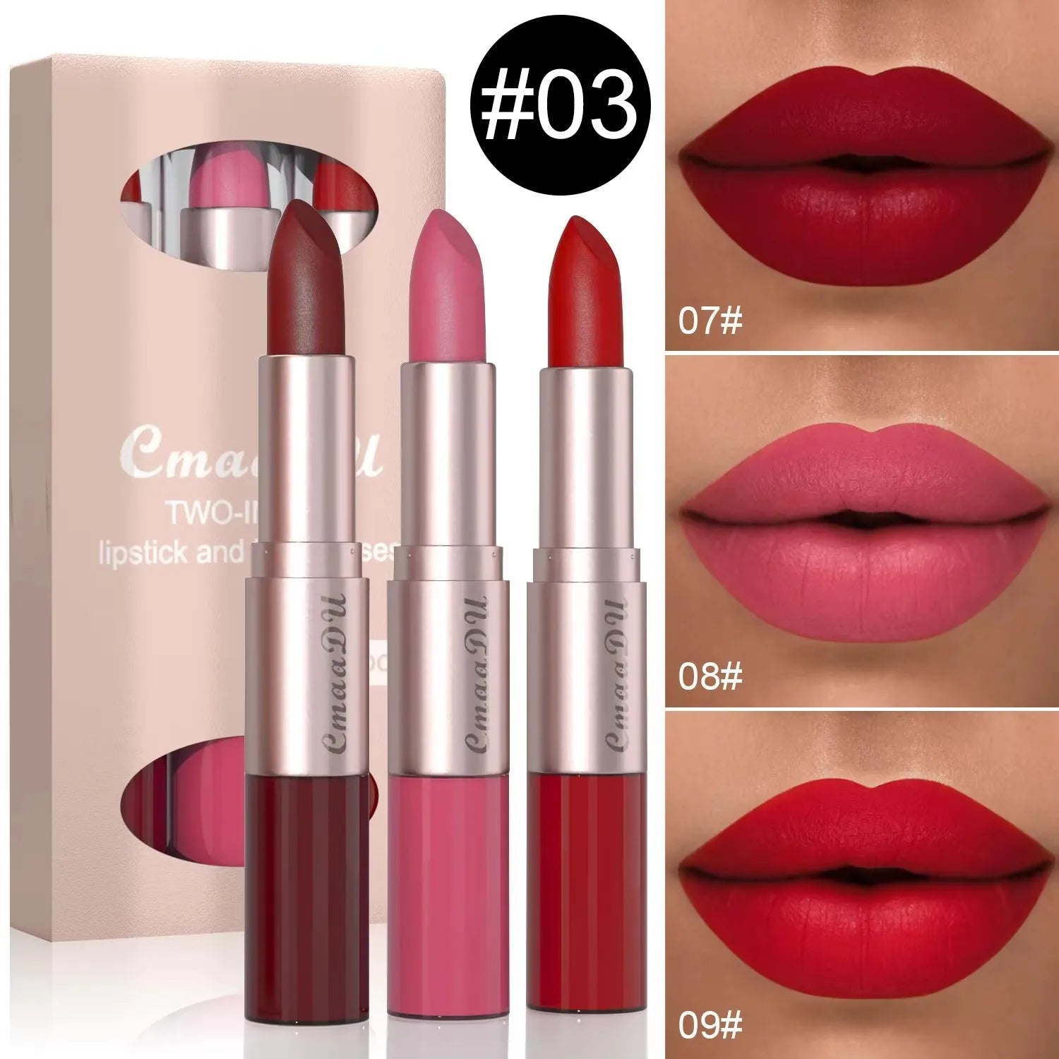 3 Pcs Long-Lasting Lipstick Lip Gloss Set-Double Headed Design for Natural Non-Fading Waterproof Non-stick Cup Exquisite Gift Oasis Select 03