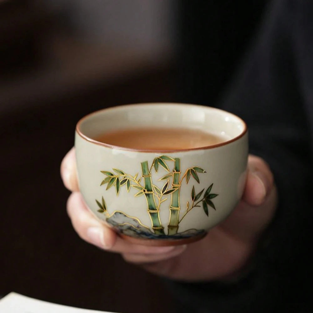 Bamboo Pattern Gold Rim Ceramic Tea Cups Hand-Painted Small Gongfu Teacups Premium Stoneware Drinking Cups for Home Office Gifts Oasis Select