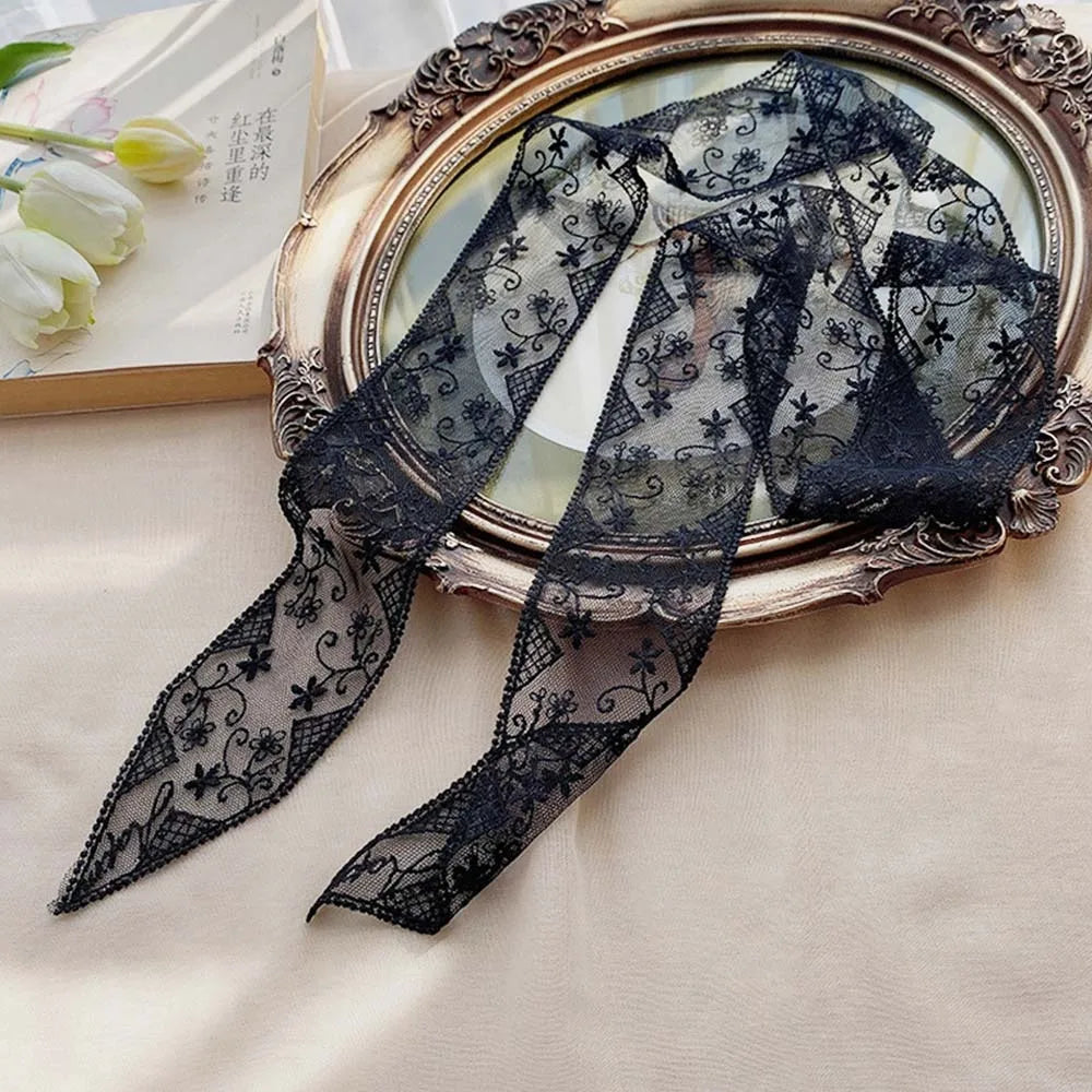 Summer Soft Lace Scarf Elegant Hollow Headband Korean Embroidery Hair Ribbon for Women Oasis Select 2 Black