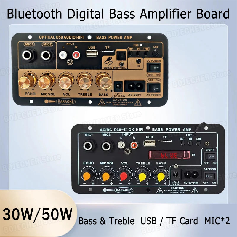 DC 12V Bluetooth 5.0 Digital Audio Amplifier Board Dual Mic AC 110V 220V Subwoofer Karaoke AMP Home Theater Car Speaker 30W 50W Oasis Select