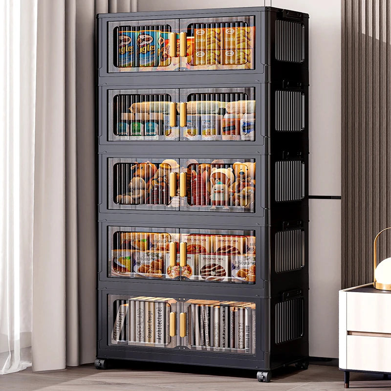 Foldable Clear Double-Door Storage Cabinet Large Space-Saving Mobile Organizer Dustproof Moisture-Proof for Kitchen Living Room Oasis Select