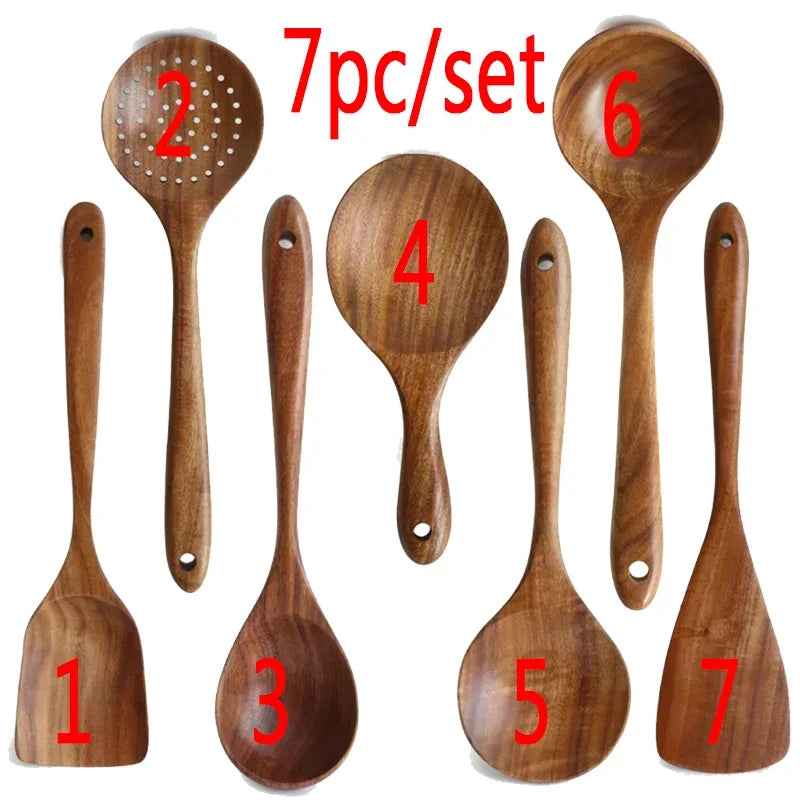 7pcs/set Teak Natural Wood Tableware Spoon Ladle Turner Rice Colander Soup Skimmer Cooking Spoon Scoop Kitchen Reusable Tool Kit Oasis Select 7pc