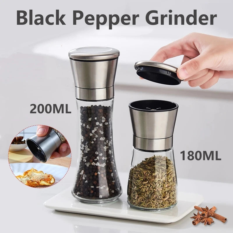 Black Pepper Grinder with Stainless Steel Mill Manual Spice Glass Salt and Pepper Grinder Machine for Household Powder Machine Oasis Select