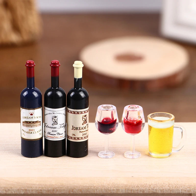 5Pcs 1:12 Dollhouse Miniature Wine Cup Beer Mug Wine Bottle Model Furniture House Decor Toy Oasis Select