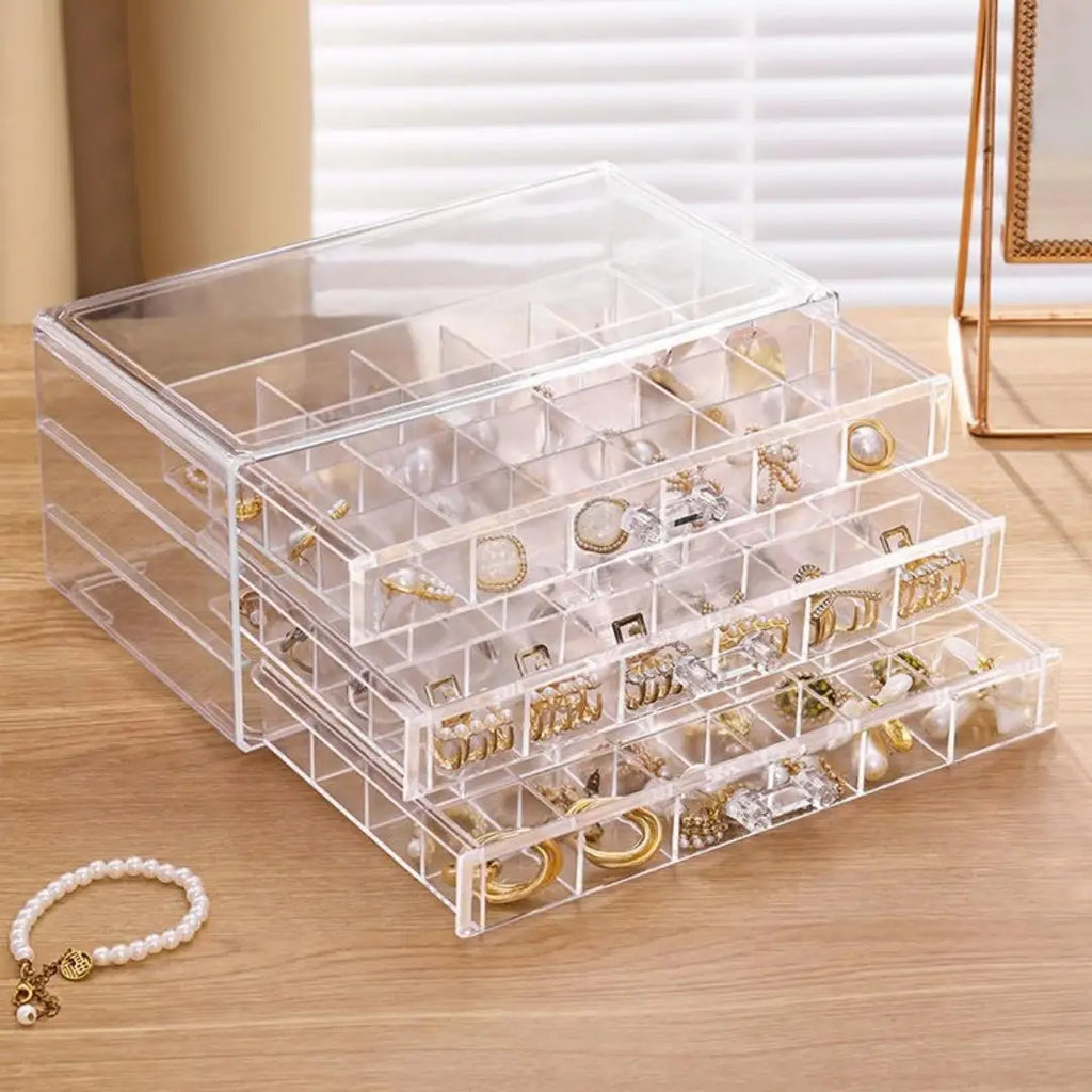 Multi-Compartment Jewelry Storage Box, Acrylic Transparent Earrings Drawer Box With Three-Layer 72-Grid High-Capacity Portable Oasis Select Transparent 72-Grid