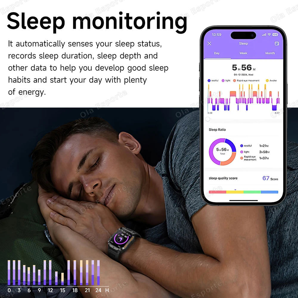 Ola Esporte Military Smart Watch Men – 1200mAh, SOS, IP68