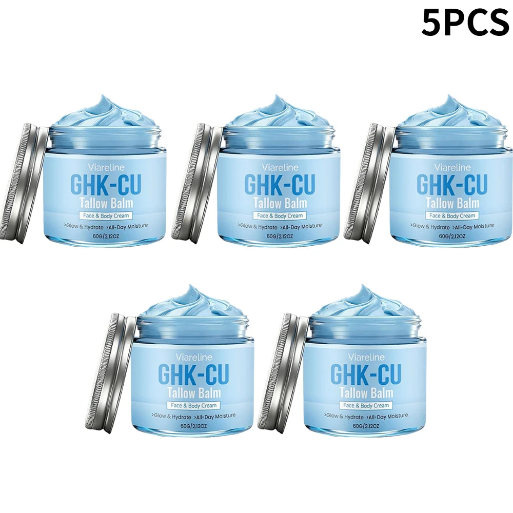 Natural GHK-CU Copper Peptide Tallow Balm Blue Cream - Brighten Hydrating Face & Body Moisturizer, for Dry Sensitive Mature Skin Oasis Select 5pcs