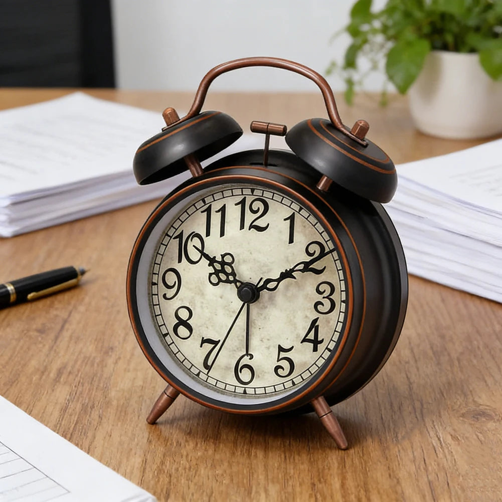 Antique Copper Twin-Bell Alarm Clock | Silent & Night Light