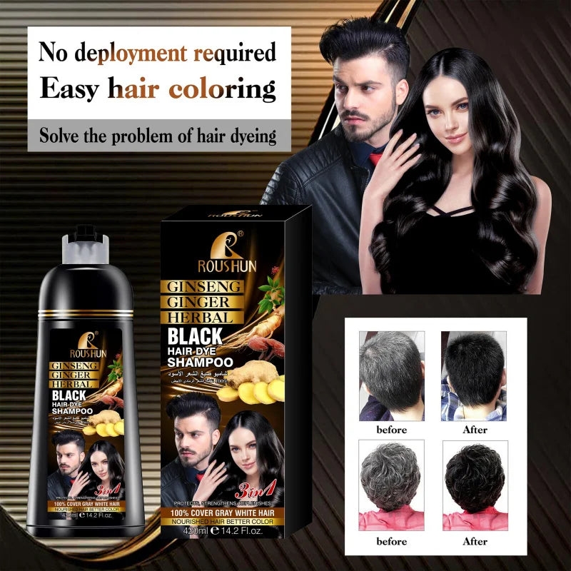 ROUSHUN Black Hair Dye Shampoo 420ml – Ginseng & Ginger 3-in-1