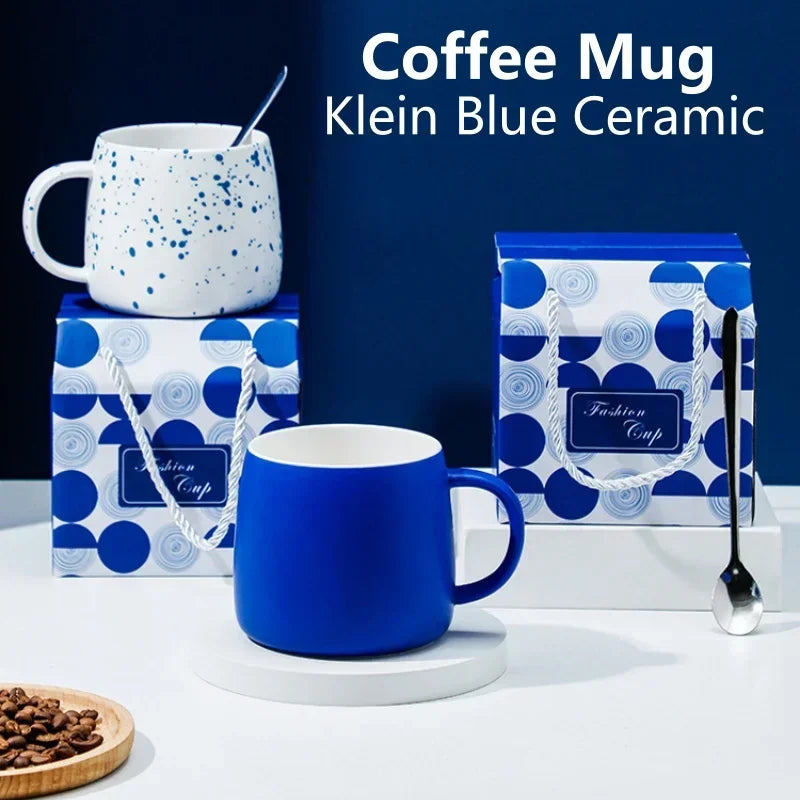 500ml Ceramic Coffee Mug with Spoon Gift Package Klein Blue Splash Ink Porcelain Mug Breakfast Oatmeal Cup Festival Gift Oasis Select