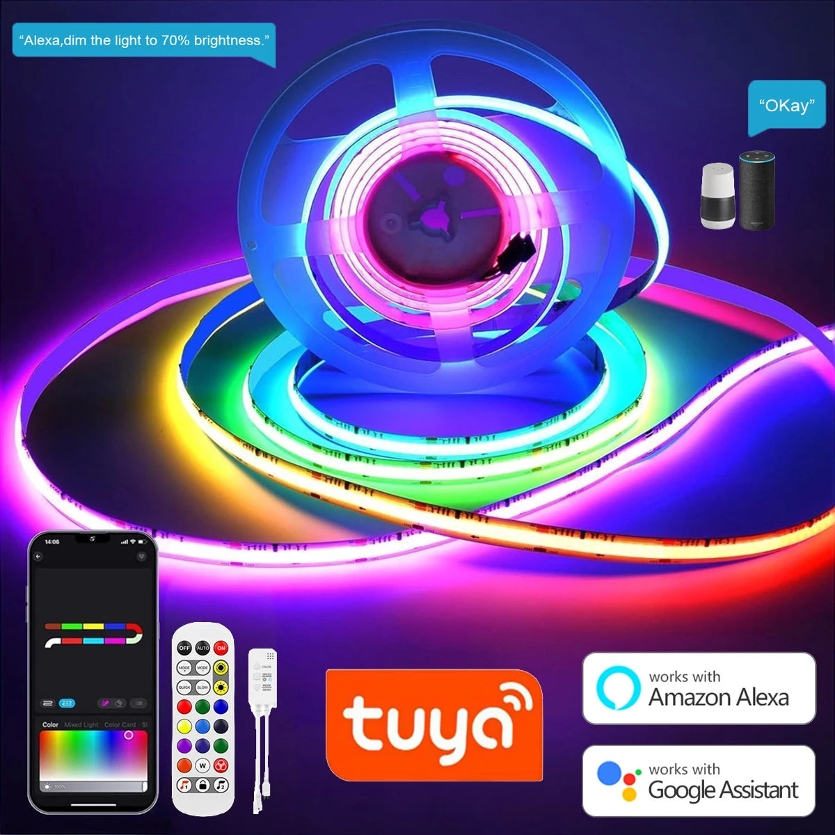 5M FCOB Ambinet LED Strip DIY Addressable Control Can Flicker and Flow,12V Tuya APP Controlled Uniform Chase Color Light Voice Oasis Select