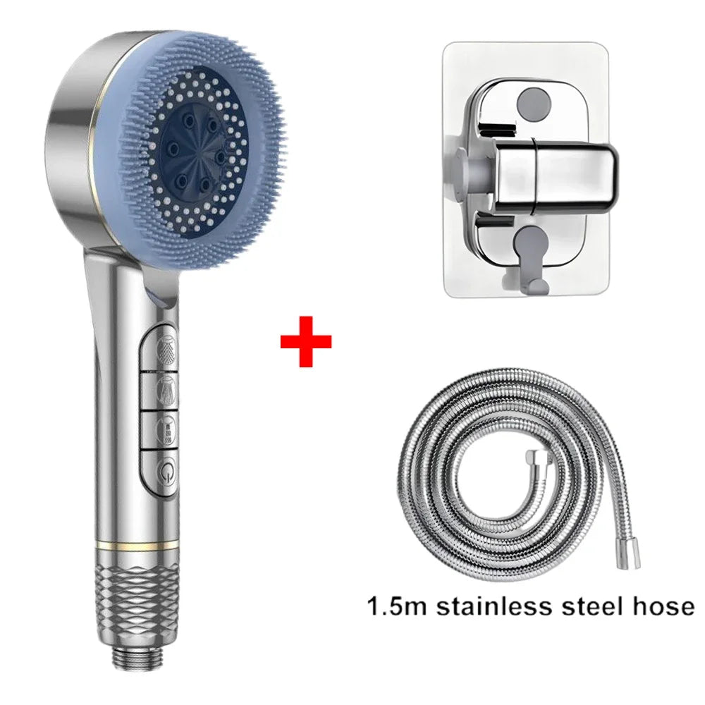 4 Modes Self-cleaning Shower Head with Silicone Brush One-Key Stop Water Massage High Pressure ABS Showerhead with Filter Oasis Select Silver Set