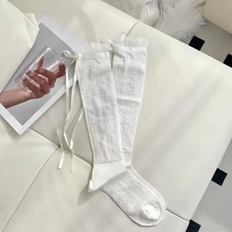 Summer Calf Length Ballet Socks For Women Lightweight Mesh With Bow Lace Cool Slouch Socks For Outdoor Or Indoor Oasis Select one size White