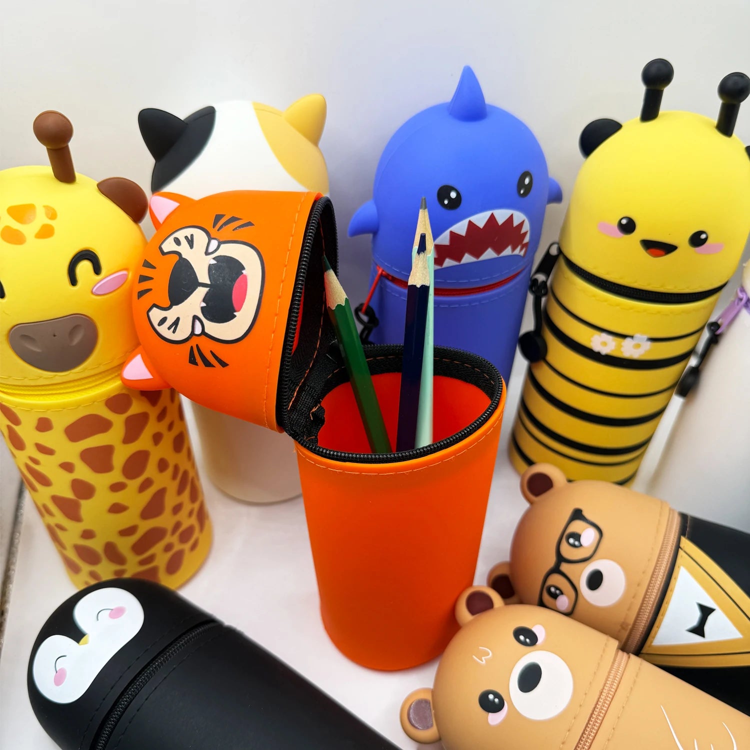 Cute Animal Pencil Case, 2-in-1 Pencil Bag with Zipper Pen Holder, Soft Silicone Pencil Case, Suitable for School Office Oasis Select