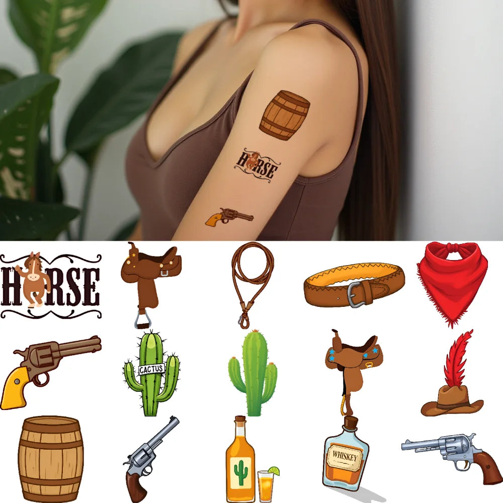63-Piece Waterproof Temporary Tattoos – Western Cowboy Stickers