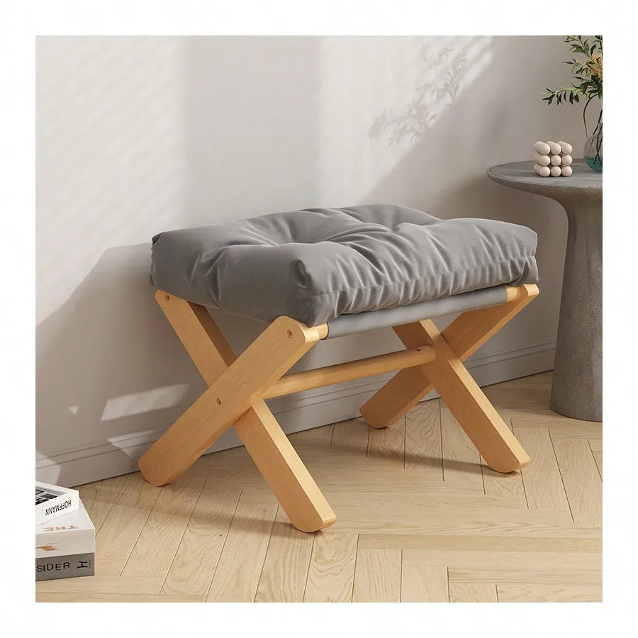 Wooden Low Stool Doorway Small Bench With Leg Rest Living Room Simple Sofa Footstool Adult Bench Shoe Stool Stool Oasis Select LIGHT GRAY