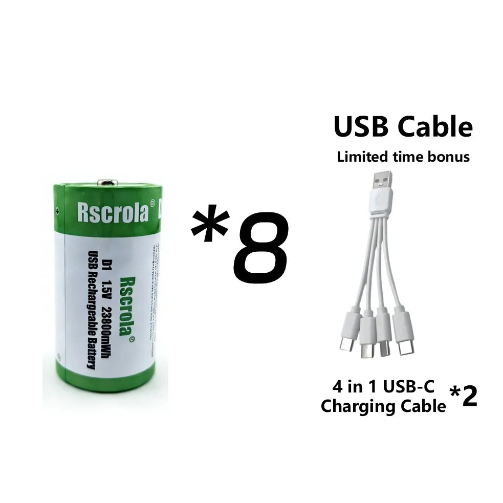 1.5V 23800mWh D Cell Batteries Rechargeable D Batteries with Charger Cable for Gas Cooker Water Heater Flashlight Radio Tool Toy Oasis Select 8P D1 Battery 1.5V