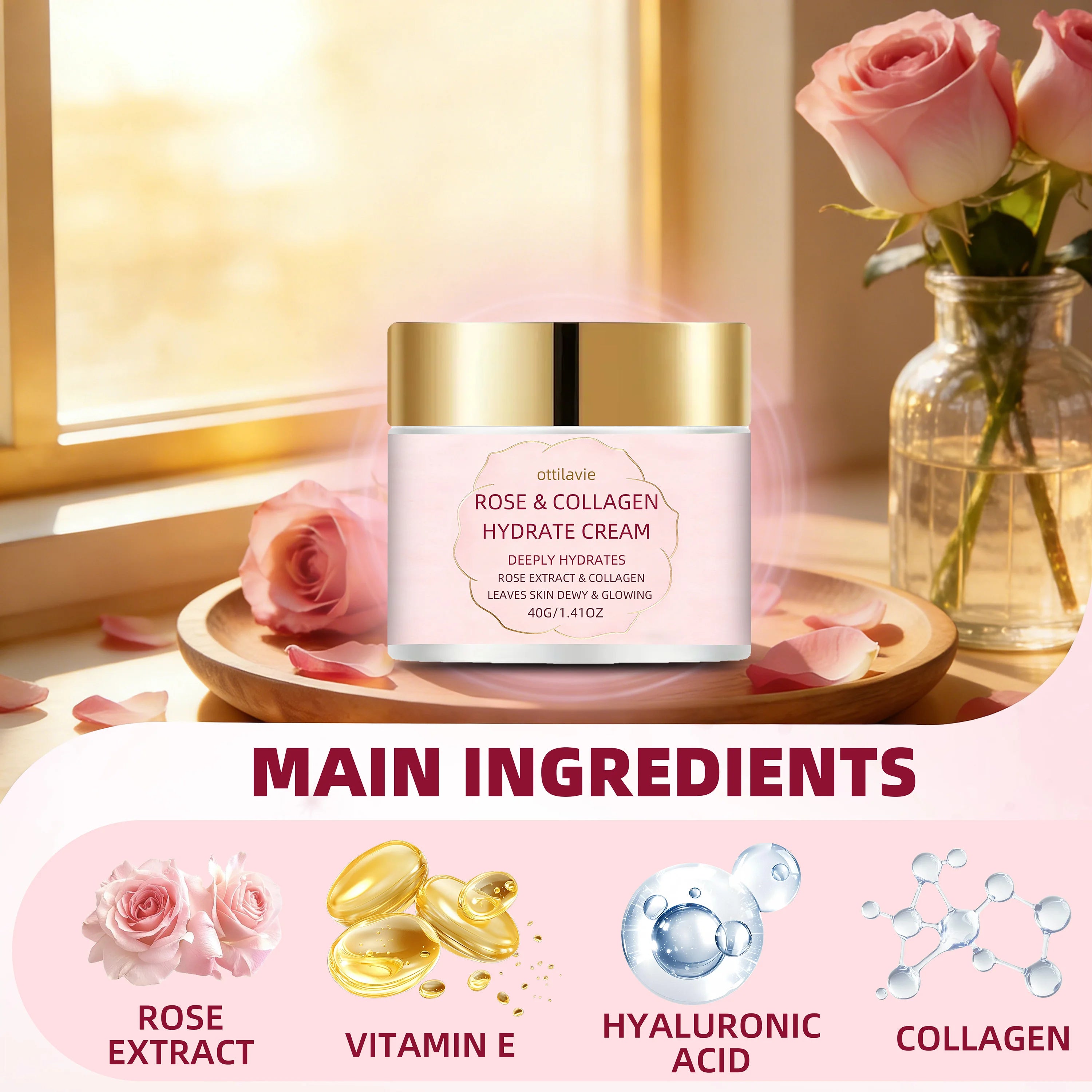 Ottilavie Rose Collagen Hydrate Cream – Plumping & Hydrating Facial Moisturizer, for All Skin Types, Ideal, for Morning & Night Oasis Select