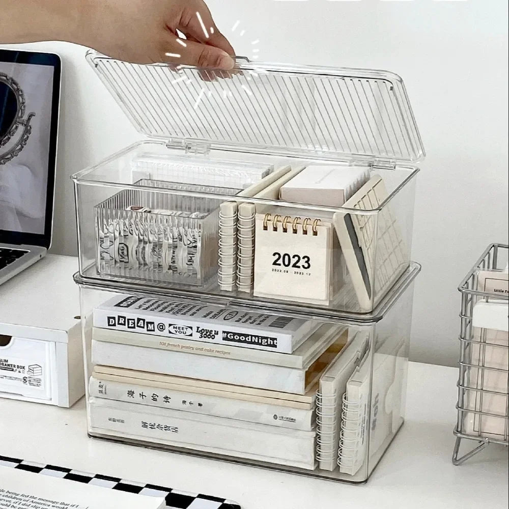 1pc Desktop Storage Box Large Capacity with Lid, Transparent Cosmetic & Office Organizer, for Office Supplies/Books/Documents Oasis Select