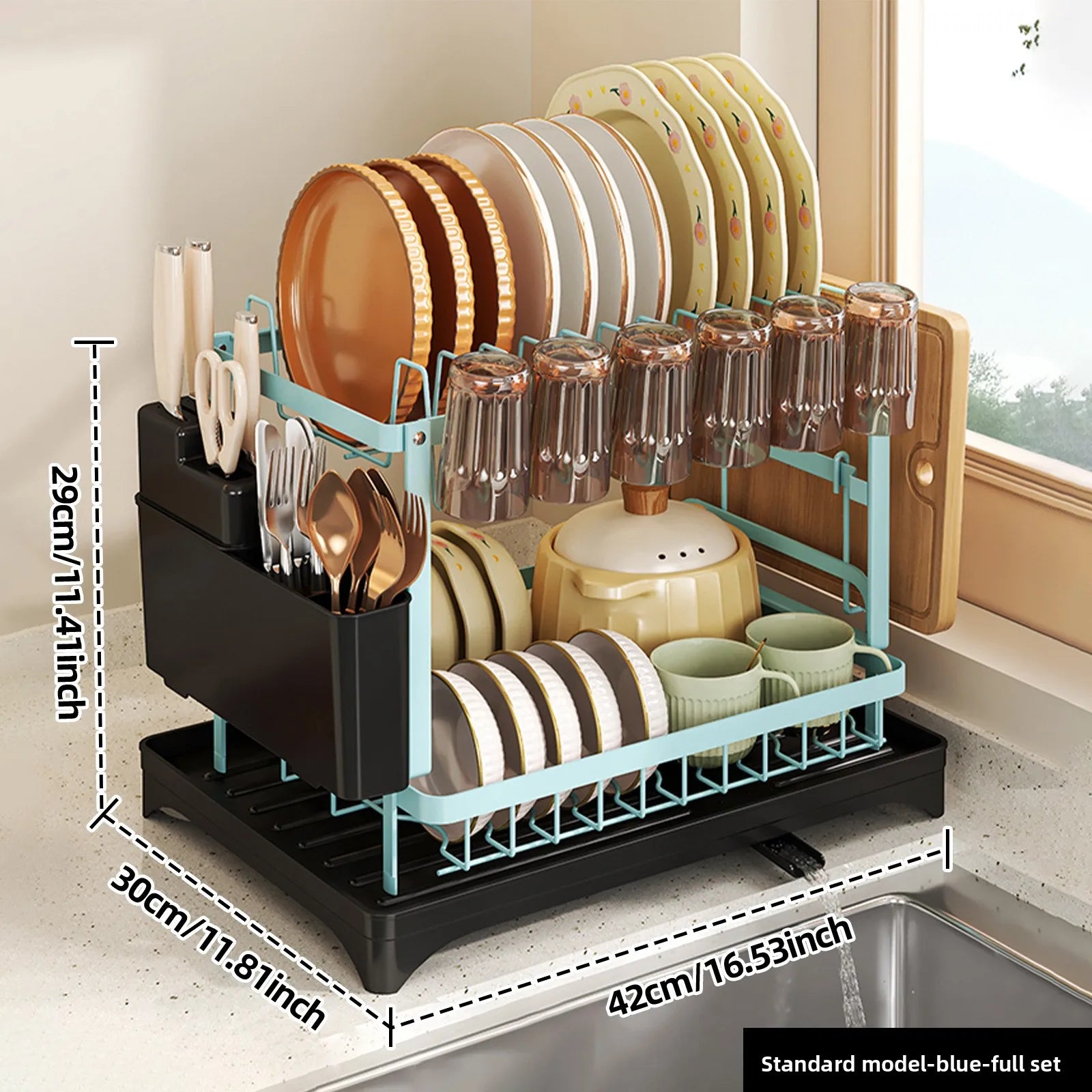 Kitchen Bowl Rack Drain Rack Household Shelf Multifunctional Dishes Storage Box Cupboard Oasis Select Blue standard