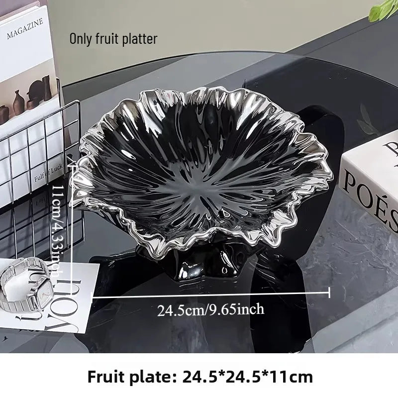 Ceramic High-end Fruit Tray Living Room Coffee Table Home Light Luxury Creative Lotus Leaf Candy Tray Oasis Select Black silver plated