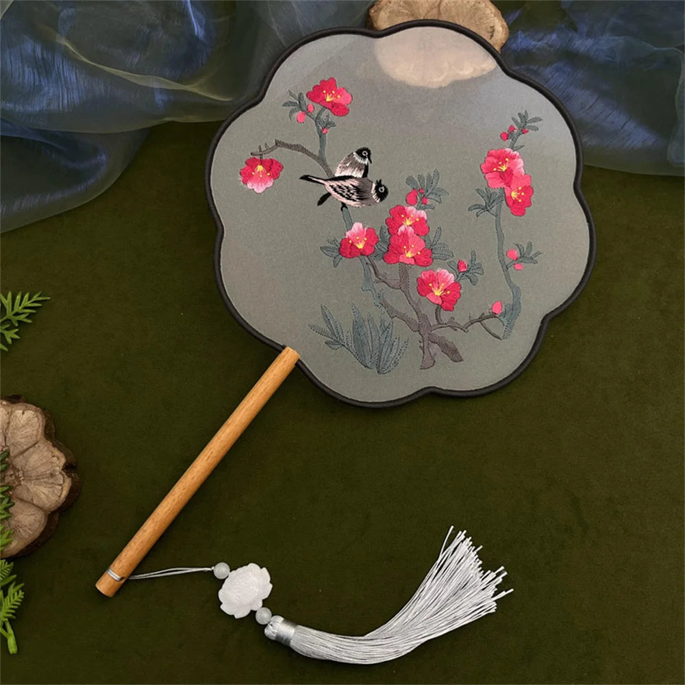 Flower Embroidered Silk Round Fan Chinese Hand Fans with Wooden Handle Tassel Wedding Party Dance Accessories Home Decor Oasis Select Style 5