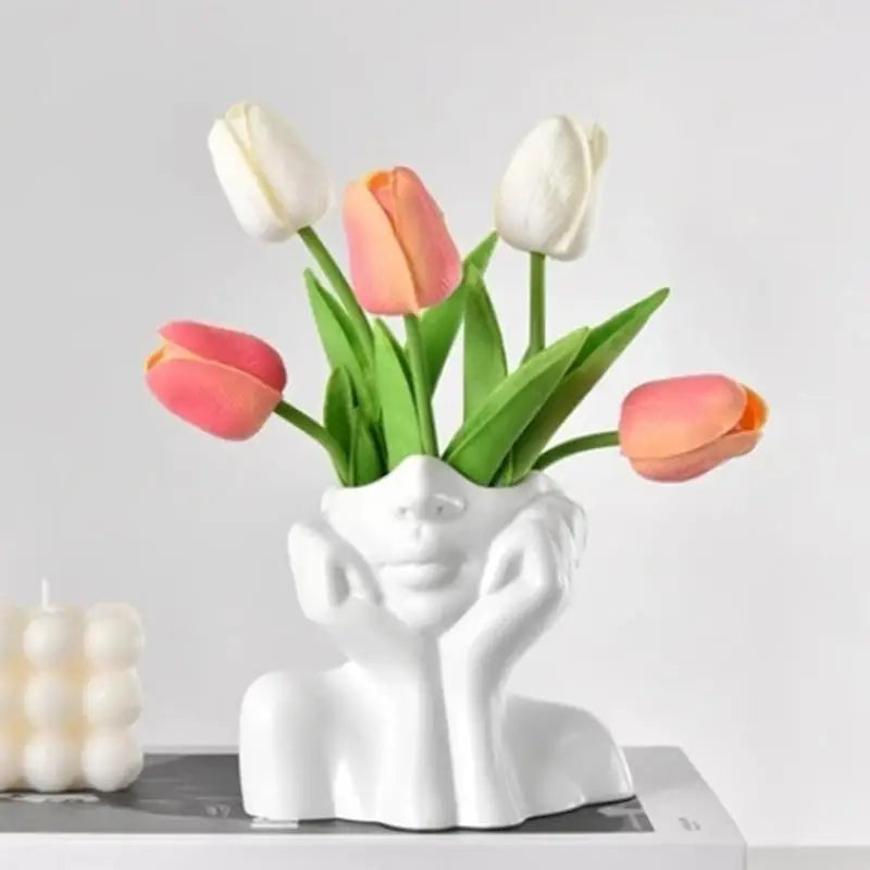White Vase with Art Face Design, Creative Desktop Ornament Handmade Gift Modern Home Decor Oasis Select
