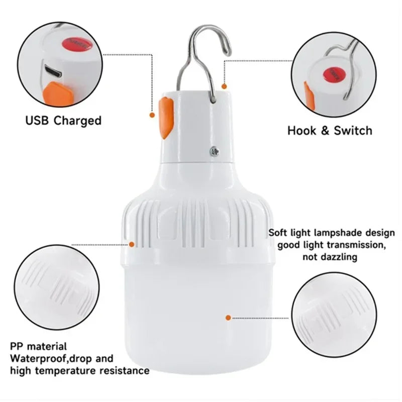 1PC 60W USB Rechargeable LED Lamp Bulb Portable Emergency Light for Camping Fishing Night Outdoor Hook-Up Lantern LT014 Oasis Select