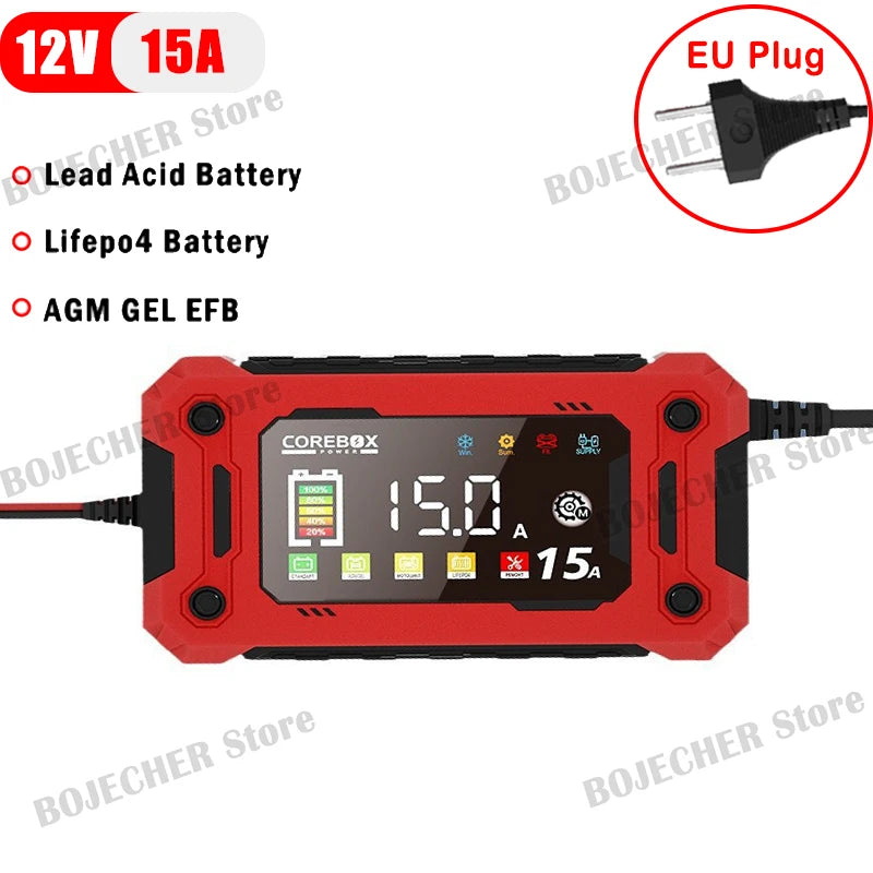 12V 15A Battery Charger Smart Charging For Lifepo4 Lead Acid AGM GEL Lithium Iron Phosphate Batteries With LED Display Car Moto Oasis Select EU-Plug