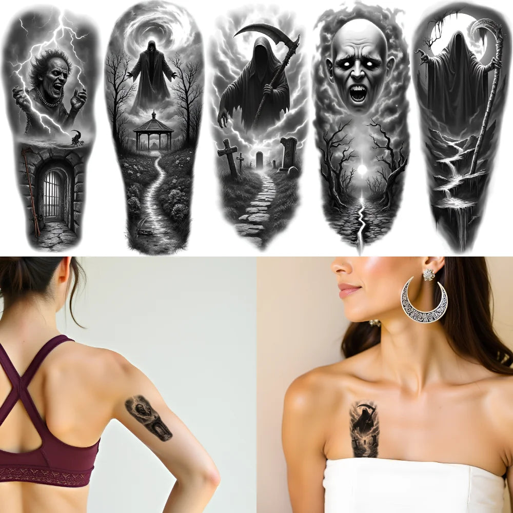 12pcs Halloween Temporary Tattoos – Grim Reaper, Vampire & Witch
