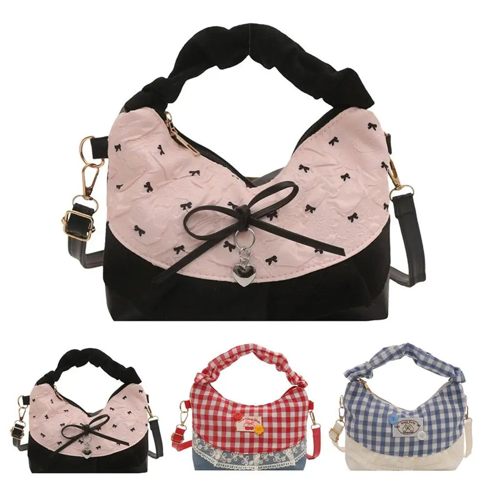 Women's Plaid Bow Dumpling Crossbody Canvas Bag | Handbag