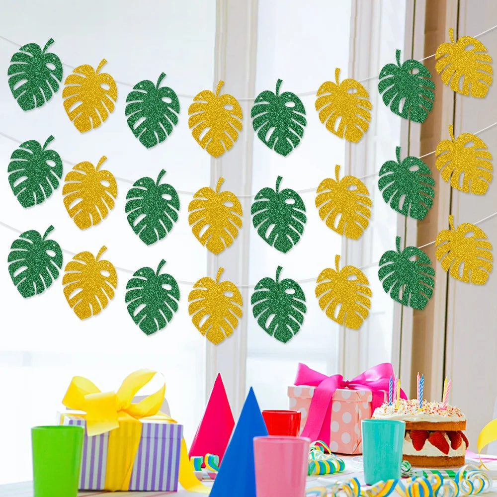 Glitter Tropical Leaf Banner, Monstera Palm Leaves Garland, Hawaiian Luau Party Decorations for Birthday Baby Shower Wedding Oasis Select