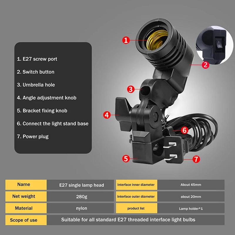 E27 AC Socket Lamp Single Head Bulb Holder Photography Light Bulb Mount For Photo With 1.8M Cable Cord Light Bulb Stand Oasis Select