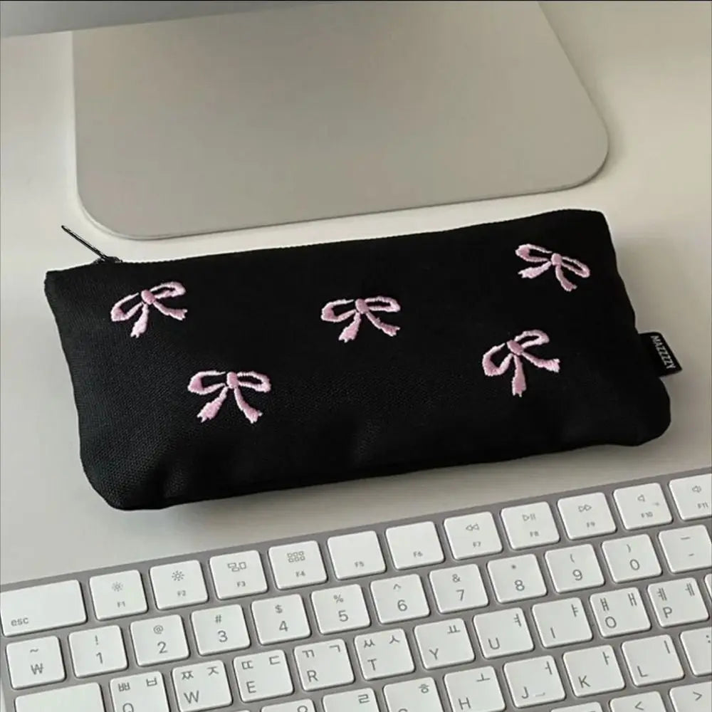Funny Canvas Cute Embroidered Bag Bowknot Square Shape Stationery Bag Lovely Print Storage Bag Oasis Select