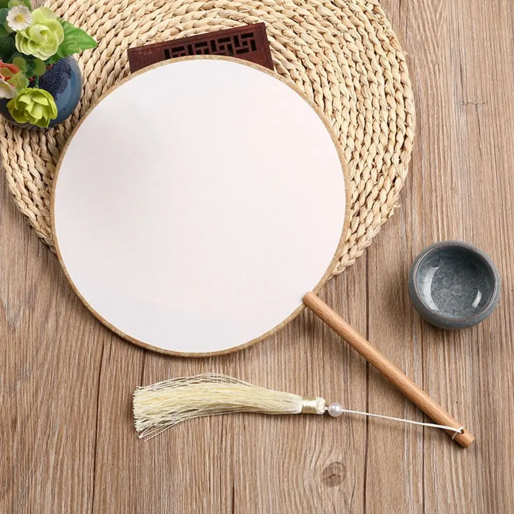 Vintage Blank Round Hand Fan Chinese Style Unfinished Wooden Silk Hand Fan with Tassel Elegant Art Painting Fans Wedding Party Oasis Select